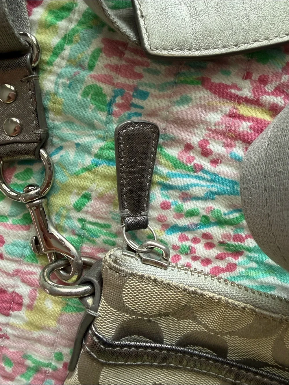 Coach Khaki and Metallic Silver Crossbody Bag